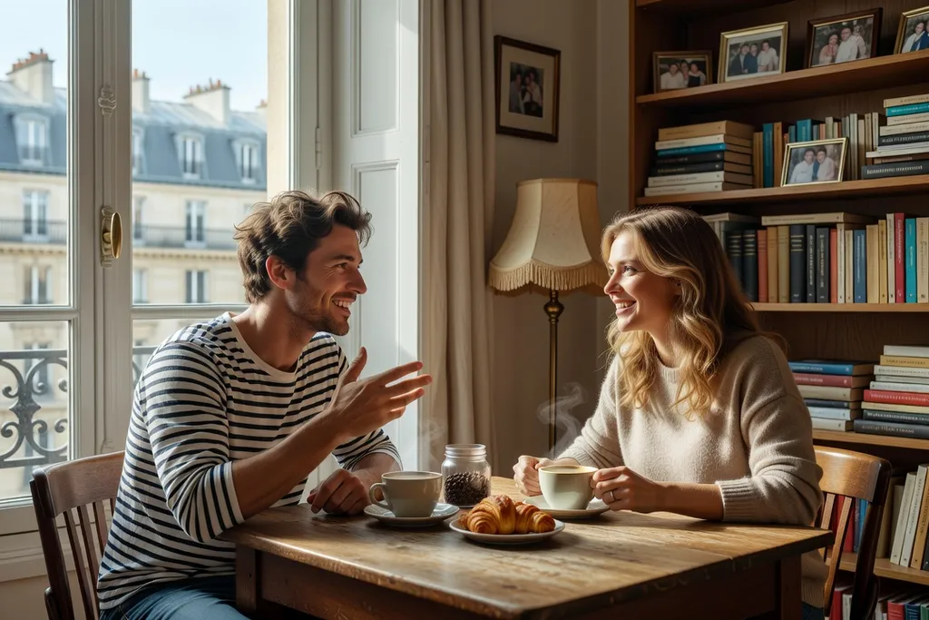 Couple franco-ukrainien dans un appartement parisien, partageant un cafe en conversation
