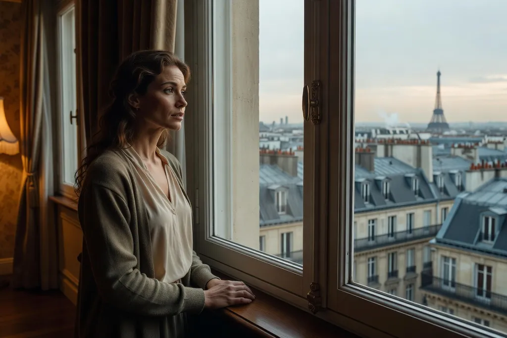 Femme ukrainienne regardant par la fenetre d'un appartement haussmannien sur les toits de Paris