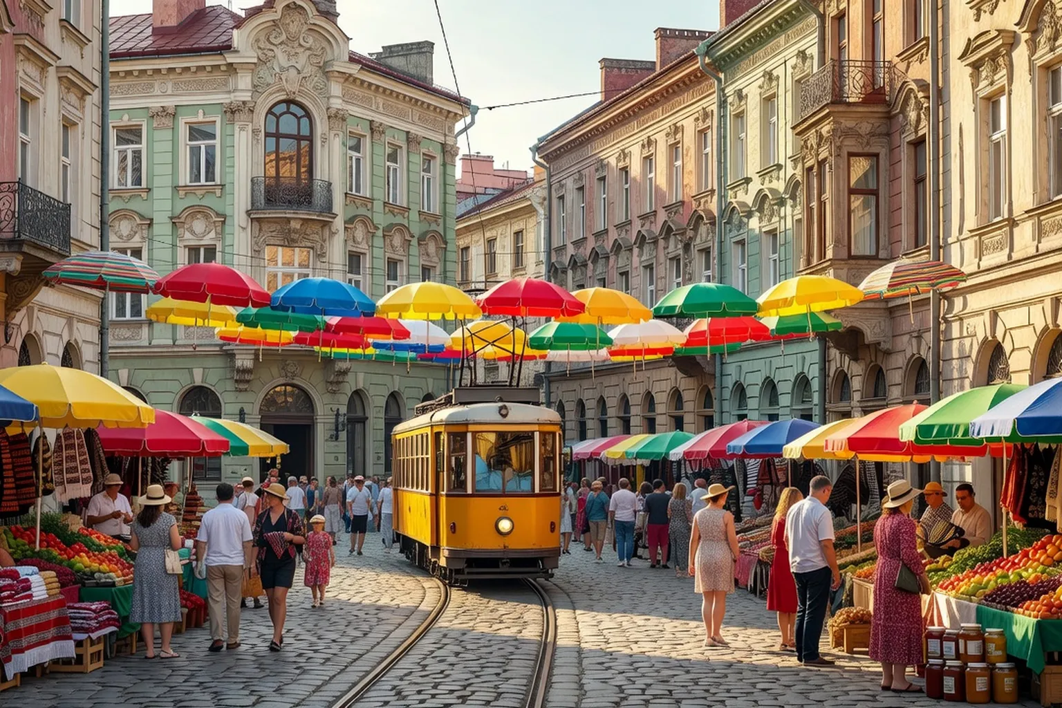 Vue panoramique sur une rue de Lviv en Ukraine, tramway vintage et façades art nouveau animées